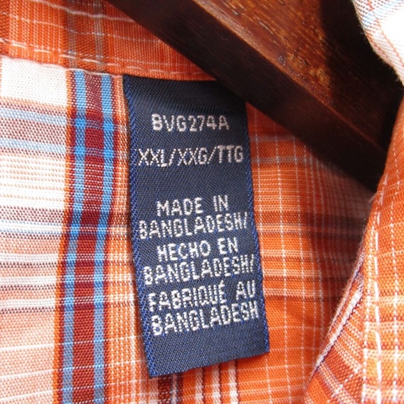 Wrangler Shirt Adult 2XL XXL Pearl Snap Orange Blue Tartan Plaid Men Button Down - Picture 7 of 15